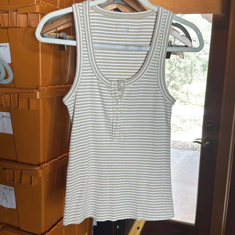 Aerie Henley No BS Tank Top Tan White Stripe Size Medium